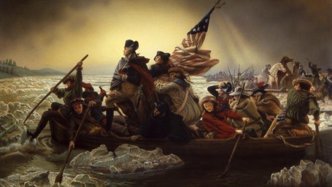 A painting of George Washington crossing the Delaware River.