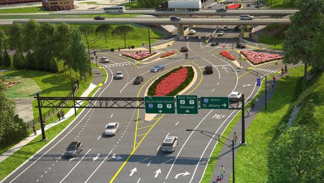 Proposed safety upgrades at I-89 exit 16 in Colchester are shown in this aerial rendering, looking south along U.S. 2/7. The proposal's Act 250 permit was upheld on June 1, 2018.