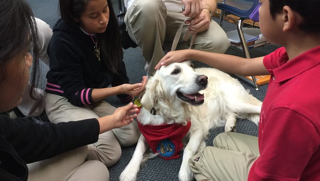 Yesenia Amantecatl, 12, a seventh-grader at Indianapolis Junior Academy, pets Rosebud, a therapy dog, brought to the school on Monday, October 12, 2015,