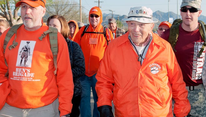 98 year old Bataan Survivor Colonel Ben Skardon starts his 8 mile march with his support group Ben's Brigade Sunday morning at the 27th running of the Bataan Memorial Death March held at White Sands Missile Range.Gary Mook/ for the Las Cruces Sun-News