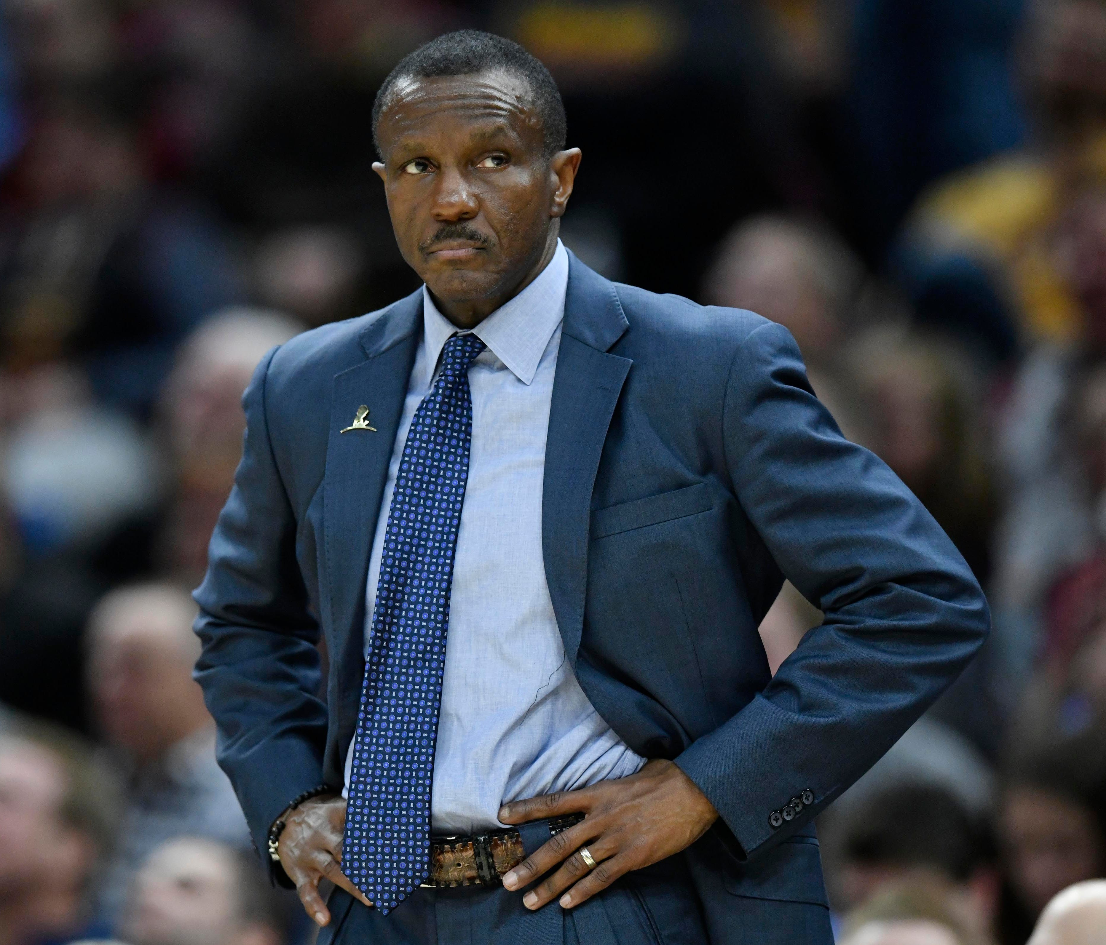 Toronto Raptors head coach Dwane Casey reacts in the third quarter against the Cleveland Cavaliers at Quicken Loans Arena.