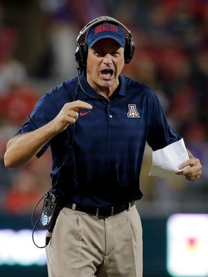 Arizona head coach Rich Rodriguez reacts to a called timeout during the second half of a game against Southern California, Saturday, Oct. 11, 2014.