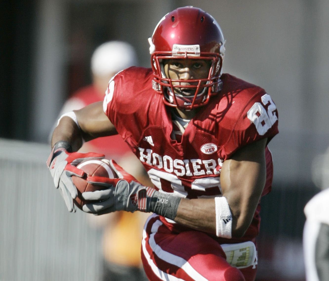 In this Nov. 3, 2007 file photo, Indiana wide receiver James Hardy runs after making a reception during the third quarter of a football game against Ball State in Bloomington, Ind.