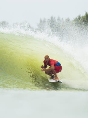 11-time world champion Kelly Slater scored a 8.8 point ride on his first left wave and a 8.47 point ride on his first right wave to add towards the Qualifying Run 1 team total of 69.2 points for Team USA at the 2018 Founders Cup at Lemoore, CA, USA.