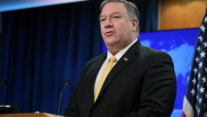 Secretary of State Mike Pompeo speaks at a news conference at the State Department in Washington, Feb. 1, 2019, in Washington.