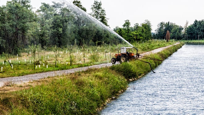 Tractor watering plants.