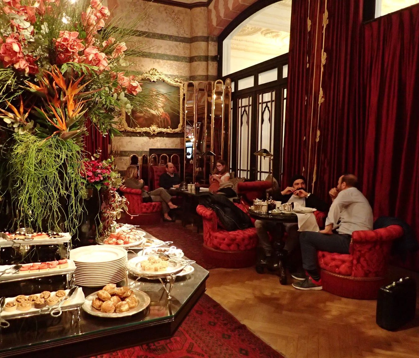 At the Pera Palace Hotel Jumeirah in Istanbul, English tea was served daily with chocolates, fruit and flowers in the extreme Orientalist-styled Kubbeli Salon.  