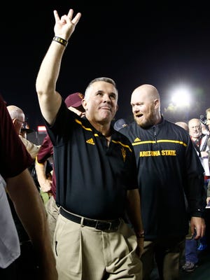 ASU’s Todd Graham celebrates his win over UCLA on Oct. 3, 2015 at the Rose Bowl in Pasadena, CA. 