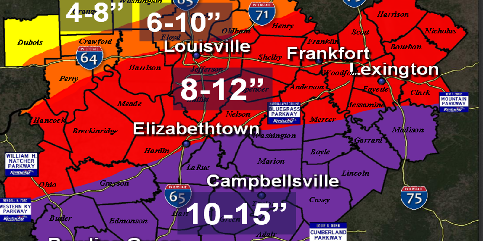 Louisville weather forecast Up to a foot of snow