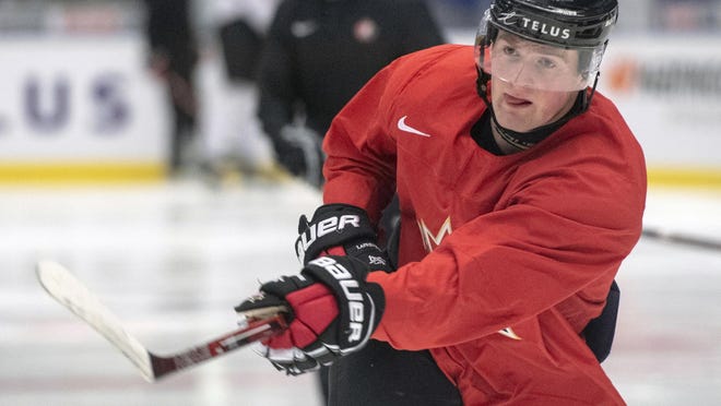 Canada's Alexis Lafreniere, practicing his shot during practice at the World Junior Hockey Championships in Ostrava, Czech Republic, last winter, is expected to be the top pick in the NHL Draft.