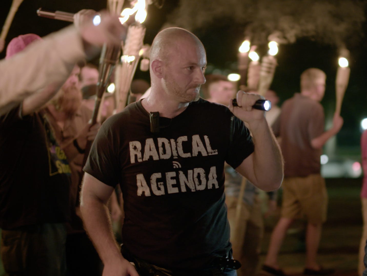 This image made from a video provided by Vice News Tonight shows Christopher Cantwell at a white nationalist rally in Charlottesville, Va.