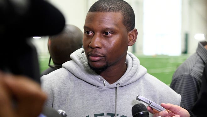 Defensive back coach Dennard Wilson speaks to the press after the Jets' organized team activities at the Atlantic Health Jets Training Center in Florham Park, NJ on Tuesday, June 6, 2017.