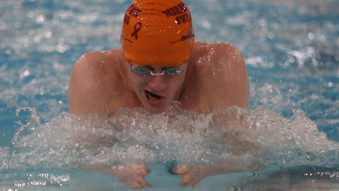 Morristown's Matthew Critchley swims the breaststroke during the Men's 200 SC meter medley relay at the U&ME Invitational swim meet at Morristown High School. January 15, 2016, Morristown, NJ.