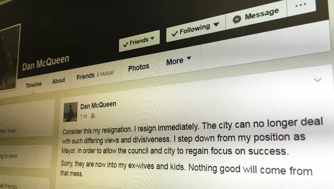 Corpus Christi Mayor Dan McQueen posted his intent to resign on Facebook on Wednesday, Jan. 18, 2017.