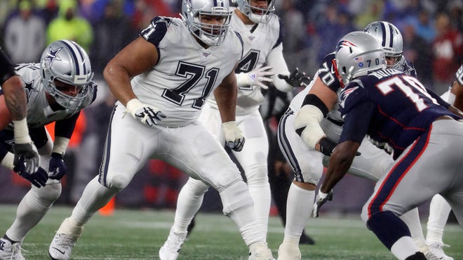 FILE - In this Nov. 24, 2019, file photo, Dallas Cowboys offensive tackle La'el Collins blocks against the New England Patriots during an NFL football game in Foxborough, Mass. Collins will have season-ending surgery on an ailing hip that has kept him out since the start of training camp, a person with knowledge of the decision said Saturday night, Oct. 3, 2020. (AP Photo/Winslow Townson, File)