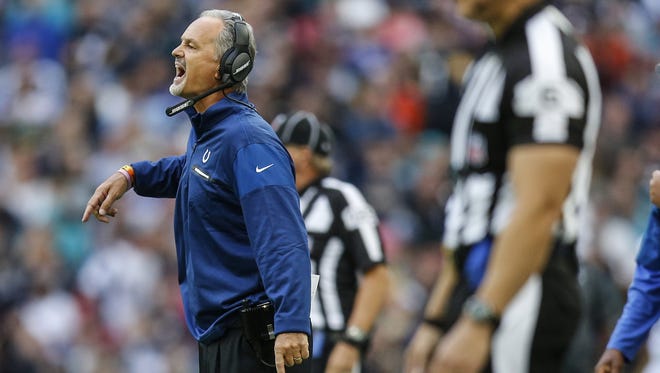 Indianapolis Colts head coach Chuck Pagano gets after his defense against the Jacksonville Jaguars during a NFL International Series game at Wembley Stadium in London on Oct. 2, 2016.