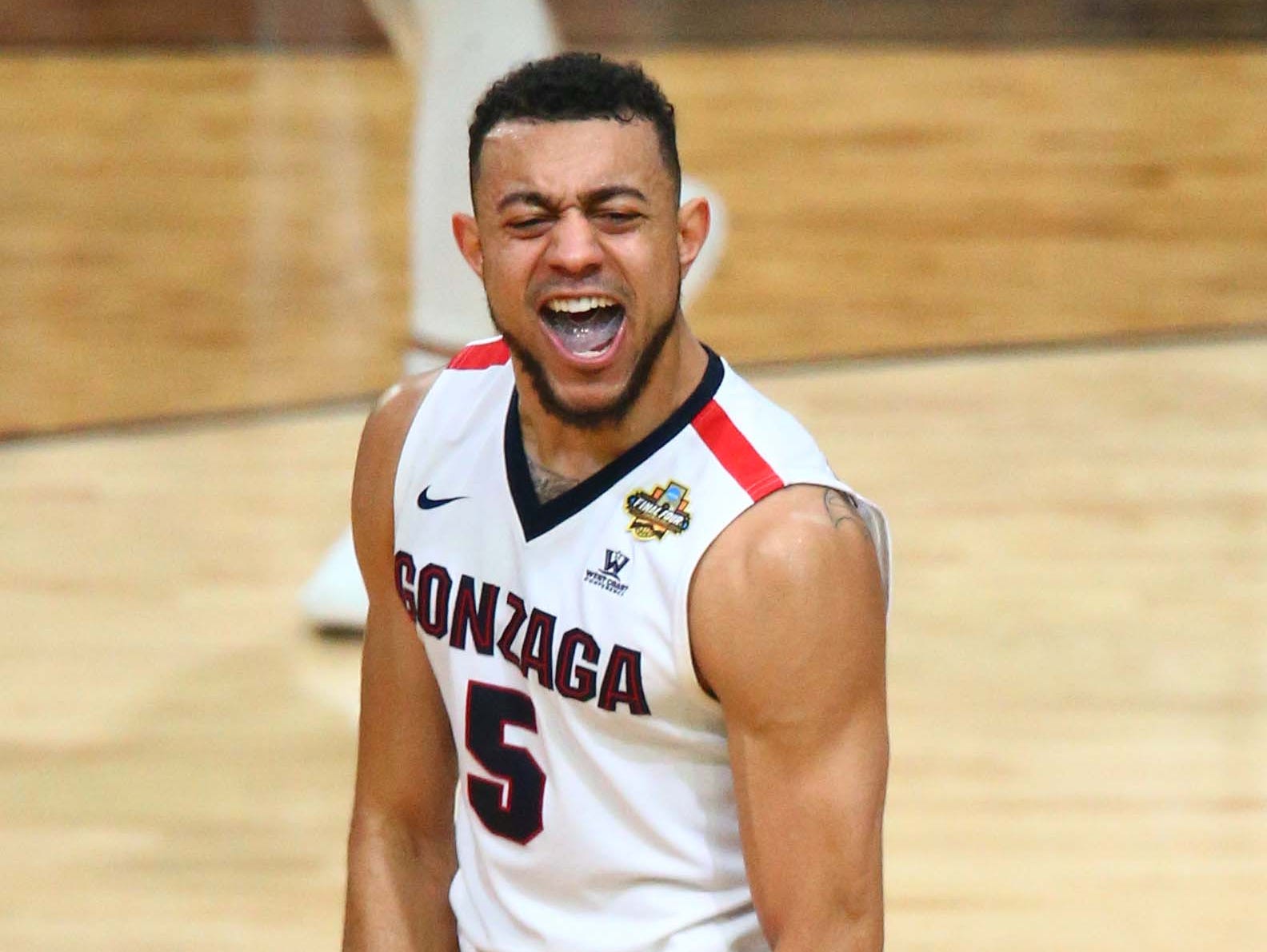 Gonzaga Bulldogs guard Nigel Williams-Goss (5) reacts during the second half against the South Carolina Gamecocks in the semifinals of the 2017 NCAA Men's Final Four at University of Phoenix Stadium.
