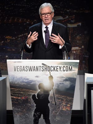 Fidelity National Financial Inc. Chairman and President of Hockey Vision Las Vegas Bill Foley speaks during a news conference at the MGM Grand Hotel & Casino announcing the launch of a season ticket drive to try to gauge if there is enough interest in Las Vegas to support an NHL team.