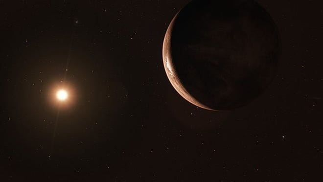 An artist's impression of Barnard's Star and its planet, which is about 3.2 times the size of Earth. [Photo by ESO/M. Kornmesser (Own work) [CC BY-SA 4 (https://creativecommons.org/licenses/by-sa/4)], via Wikimedia Commons]