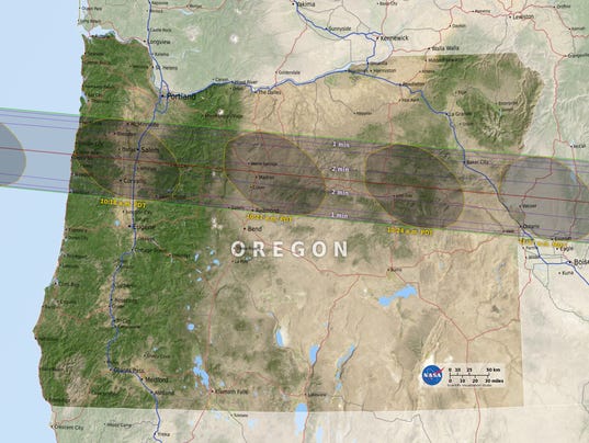 projected path over Oregon of the total solar eclipse on Aug. 21, 2017 ...