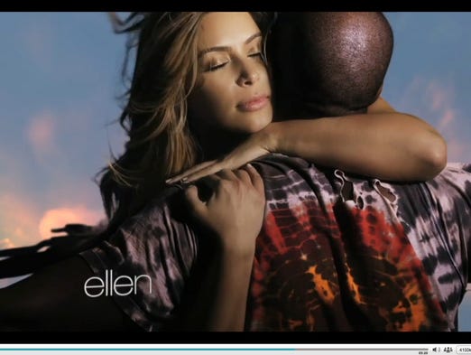 Kardashian and West show their love in this Nov. 19, 2013, screen grab from his video for 'Bound 2,' which received a sendup from Seth Rogen and James Franco.