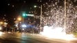 A device fired by police goes off in the street as they battle demonstrators in Ferguson.
