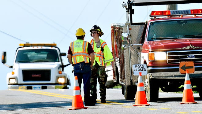 Officials investigate after a pedestrian was struck and killed by a vehicle along Windsor Road in Windsor Twp., just north of the Route 74 (Delta Road) intersection on Tuesday, April 26, 2016.
(Dawn J. Sagert photo)
