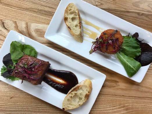 Pork belly, bottom, and fried goat cheese have been