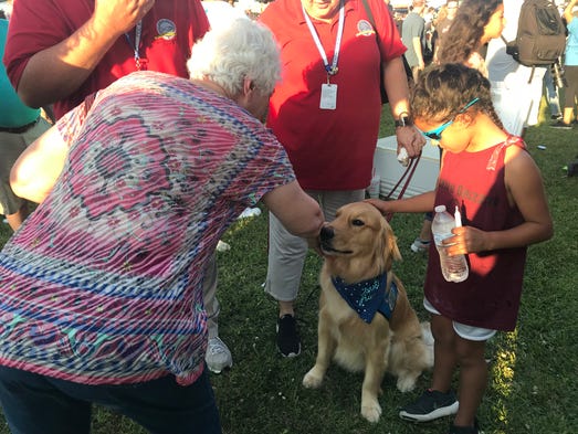 Gabriel, a trained comfort dog from Houston, receives