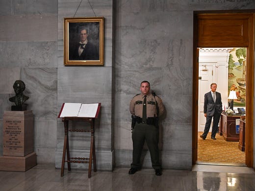 Governor Bill Haslam waits in his outer office lobby