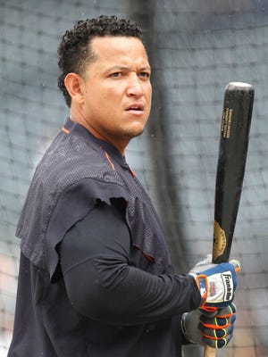 Tigers first baseman Miguel Cabrera (24) looks on at the batting cage before playing the Pittsburgh Pirates on Monday, Aug. 7, 2017, in Pittsburgh.