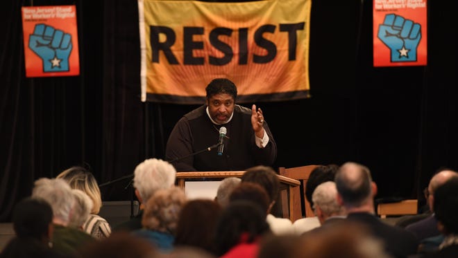 Justice workshop lead by the Rev. Dr. William Barber, president of the North Carolina NAACP and leader of Forward Together, at Mount Olive Baptist Church in Hackensack, speaking on Friday.