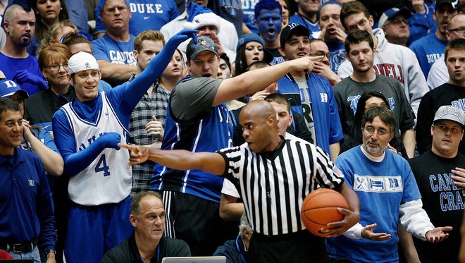 Jeffrey Anderson, shown making a call in a 2012 game at Duke's Cameron Indoor Stadium, will work an Elite 8 game on Sunday for the first time in his career.