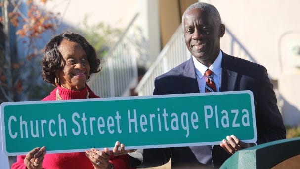 Anderson City Councilwoman Beatrice Thompson and Mayor Terence Roberts joined other city officials Sunday in  dedicating the Church Street Heritage Plaza in downtown Anderson.