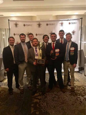 Representing the University of Louisiana Monroe’s Pi Kappa Alpha fraternity at the Leadership Academy in Memphis, Tenn., are, from left, Gauge Stringer, Cody Crnkovic, Gavin Williams, Bryce Bordelon, Benjamin Dewil, Josh Usie, Jacob Hill and Chris Hudgens. The ULM Pike chapter won the Robert A. Smythe award for the 19th consecutive year and the 24th time in 26 years.