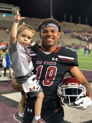 Grayson Vigil and Isaiah McIntyre after the Aggie win over UTEP.