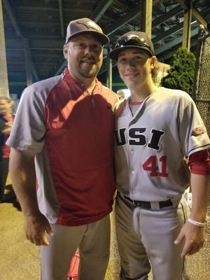 Logan Brown was drafted by the Atlanta Braves on Wednesday. His father Kevin Brown (left) spent time in the major leagues after being drafted out of USI in 1994.