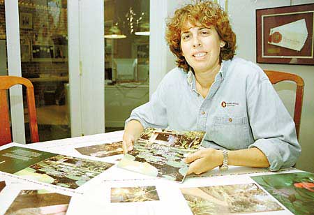 Christine Nikdel, president and graphic designer of Clark /Nikdel, Inc., shows the finished product of "Finding Yourself," which she put together into a book for Bok Tower Gardens. Nikdel composes and layout magazines and books.