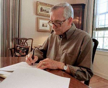 Florida's former governor, U.S. senator and state lawmaker, the now deceased Gov. Lawton Chiles, is shown making handwritten corrections to his 1997 state-of-the-state speech at the governor's mansion in Tallahassee in this March 1997 file photo.