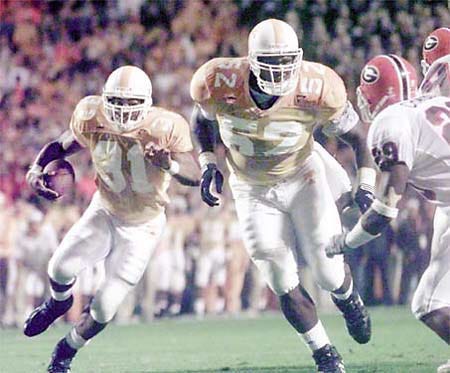 Tennessee guard Cosey Coleman (52) blocks for running back Jamal Lewis (31) during an October 1999 game against Georgia. Coleman was Tampa Bay's first selection in the 2000 draft Saturday.