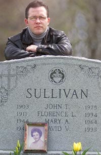 Casey Sherman stands behind his aunt's gravestone. Mary Sullivan, whose photo appears at the bottom, was deemed a victim of the Boston Strangler by police, but Sherman is not so sure.