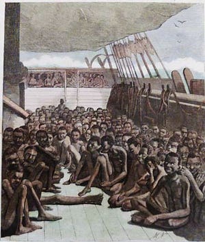 A slave ship in the late 1800s pulls up to Key West in this colorized version of an old black and white historical rendition.