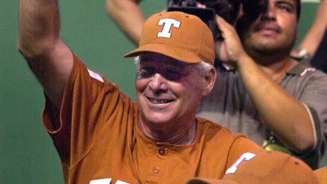 6/3/00 Ralph Barrera/AA-S; University of Texas baseball coach Augie Garrido is all smiles after his Longhorns secured a berth in the College World Series behind the superb pitching of Beau Hale who went the distance for a three-hit shutout and convincing 11-0 victory over Penn State to sweep the best two of three Super Regional Series Saturday night at Disch-Falk Field. (Bohls story)