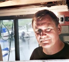 Ron Borjeson in the wheel house of his fishing boat Angenette in Hyannis.