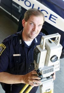 Dan Parkka, a Barnstable patrolman and accident reconstruction specialist, uses algebra, geometry and physics ? as well as an $18,000 surveying device ? to investigate traffic accidents involving injury or death. "It?s my job to look for the cause of an accident."
 Sometimes people are happy with the end result. Sometimes they are not."
