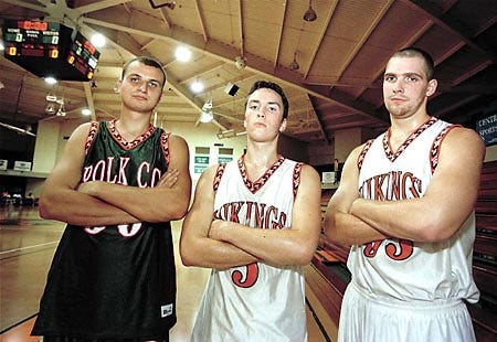 Pete Butryn, Simas Stankaitis and Arturas Cizauskas gives the Polk Community College men's basketball team an Eastern European flavor.