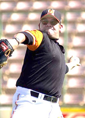 Fernando Valenzuela throws recently during a training session with his team the Hermosillo Orange Growers in Mexico.