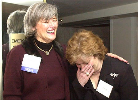 Former Colorado Rep. Patricia Schroeder, left, shares a laugh with Ali Russell while attending the annual meeting of the Association of American Publishers in Washington Wednesday. "Making Technology Work For You" was one theme of this year's meeting.