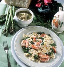 Spring peas and asparagus are the fresh, seasonal centerpieces of this menu that includes Rice and Spring Pea Soup and Bow-Tie Pasta With Asparagus and Shrimp.