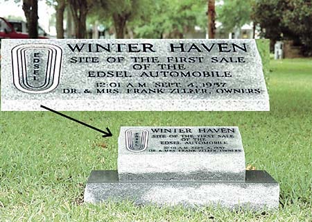 A monument commemorating the site of the first sale of the Edsel automobile sits along Central Ave. at the southern end of Winter Haven's Central Park.